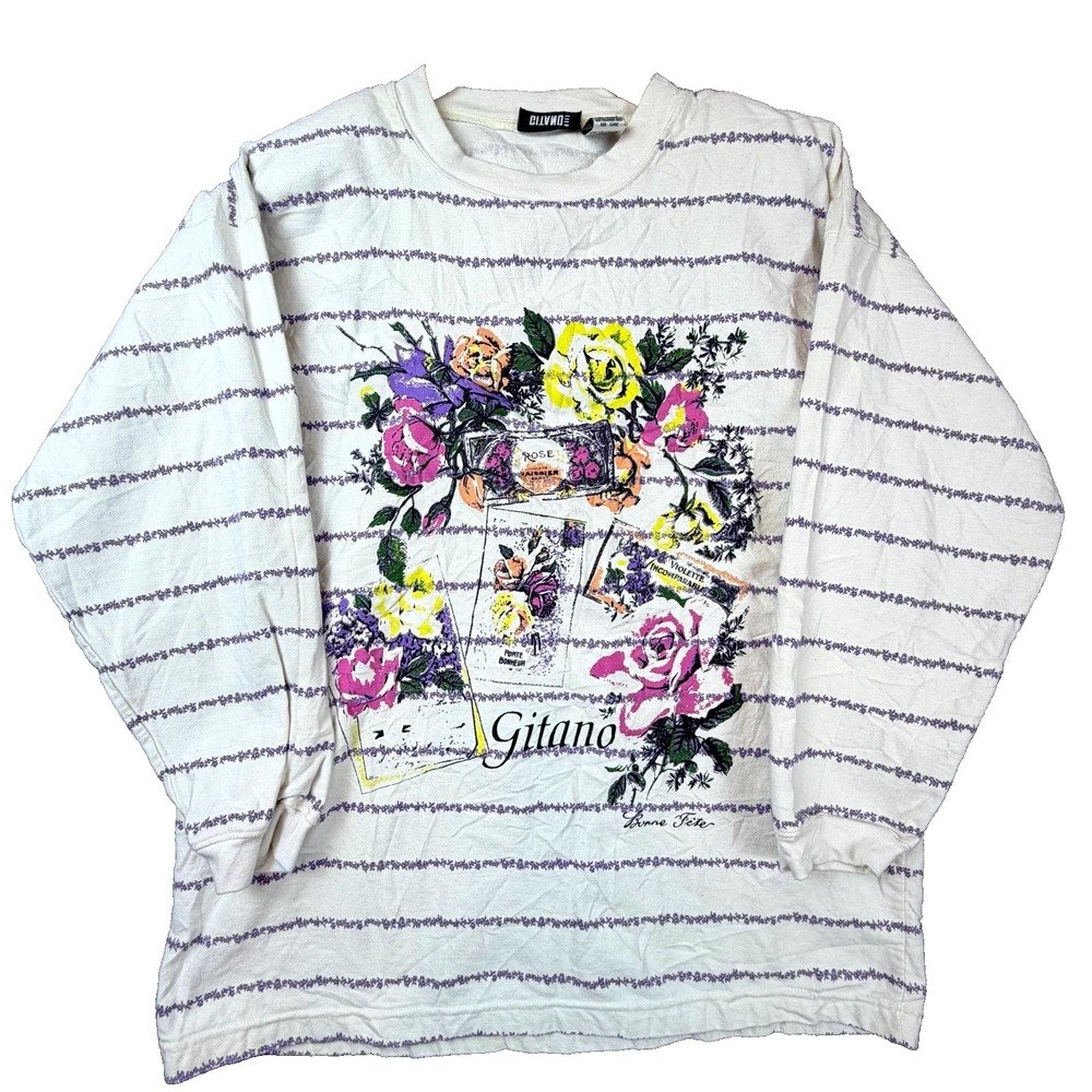 Vintage 80s Gitano Sweatshirt Women 42/22W Off White Striped Floral Fleece Lined